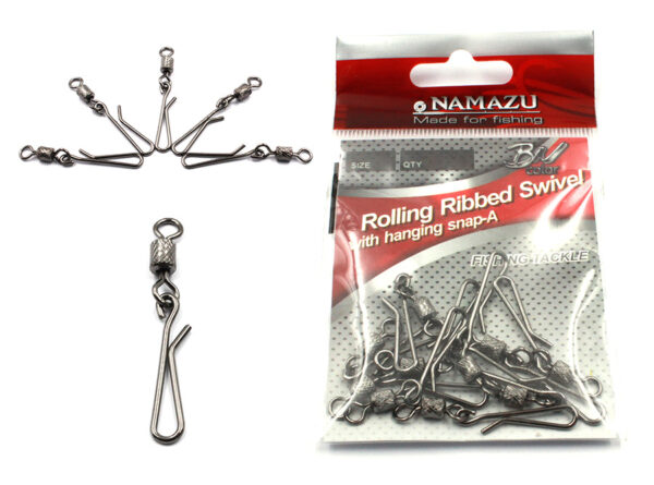 Вертлюг с форелевой заст. Namazu ROLLING RIBBED SWIVEL WITH HANGING SNAP-A, цв. BN, р. 10, test-5 кг (уп.10 шт)/1500/2000/1000/