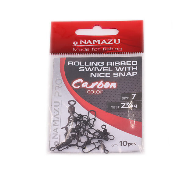 Вертлюг с застежкой Namazu Pro ROLLING RIBBED SWIVEL WITH NICE SNAP, цв. Carbon, р. 7, test-23 кг, катаный (уп. 10 шт.)/1000/